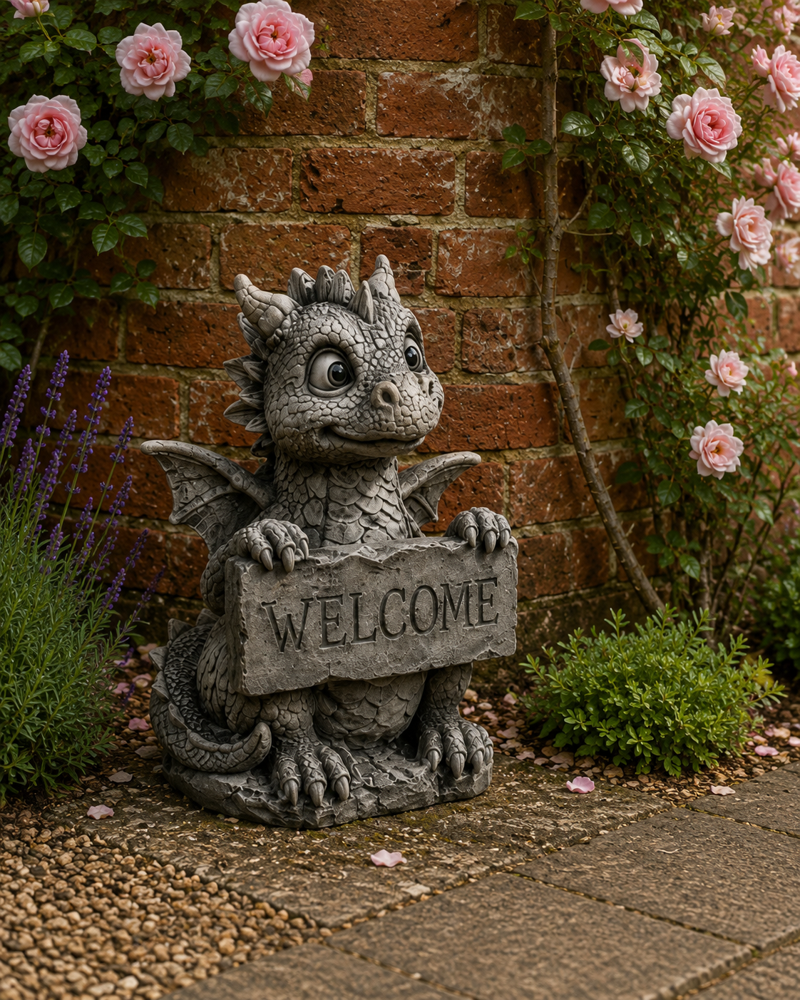 Mythic Garden dragon statue — Rustic Brick Wall