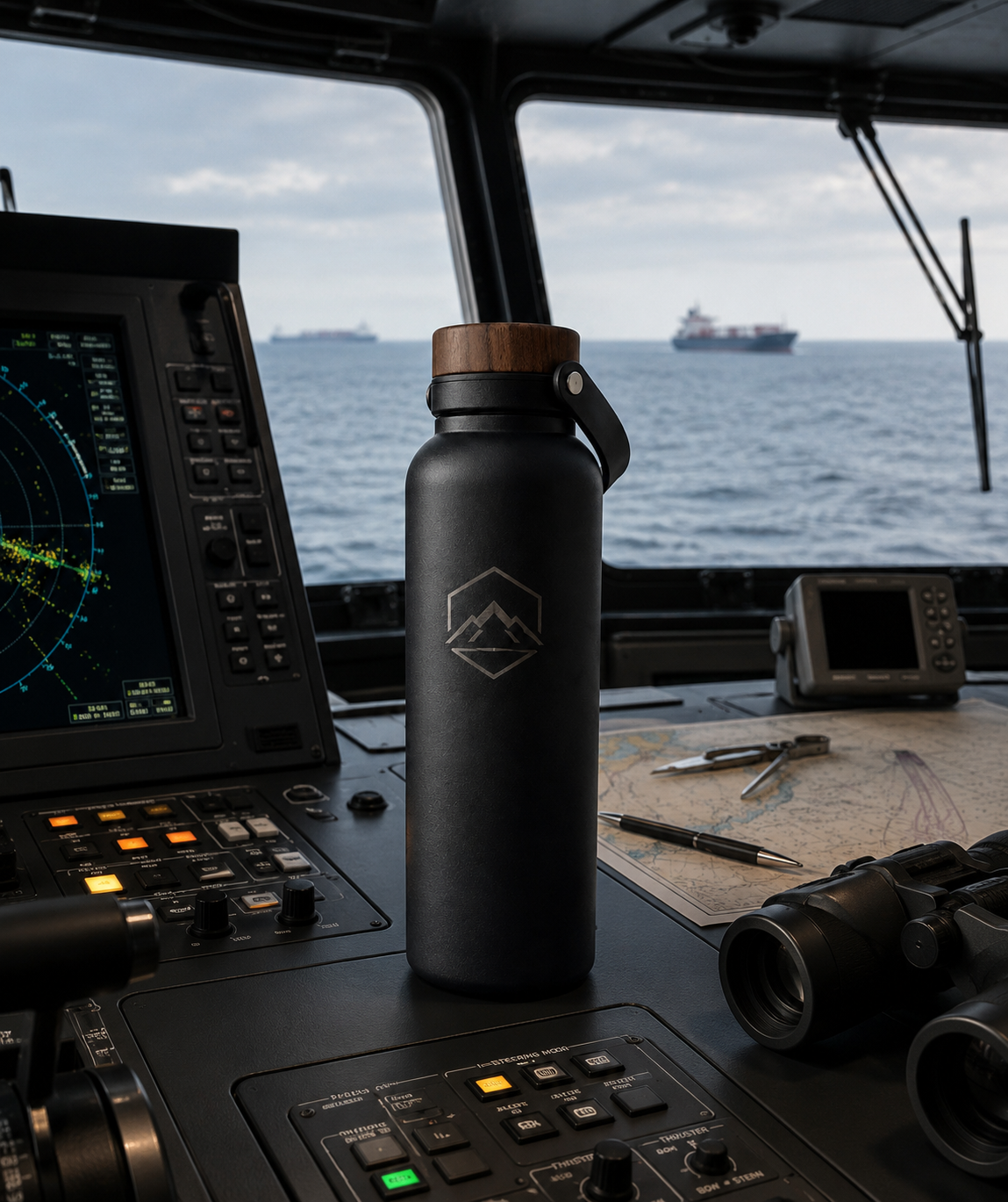 Black insulated bottle styled on a ship bridge control desk